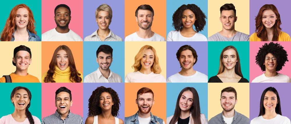 Composite mosaic set of multiracial group of young people expressing positive emotions, hearing good news isolated on multicolored studio background. Diversity Concept, Panorama